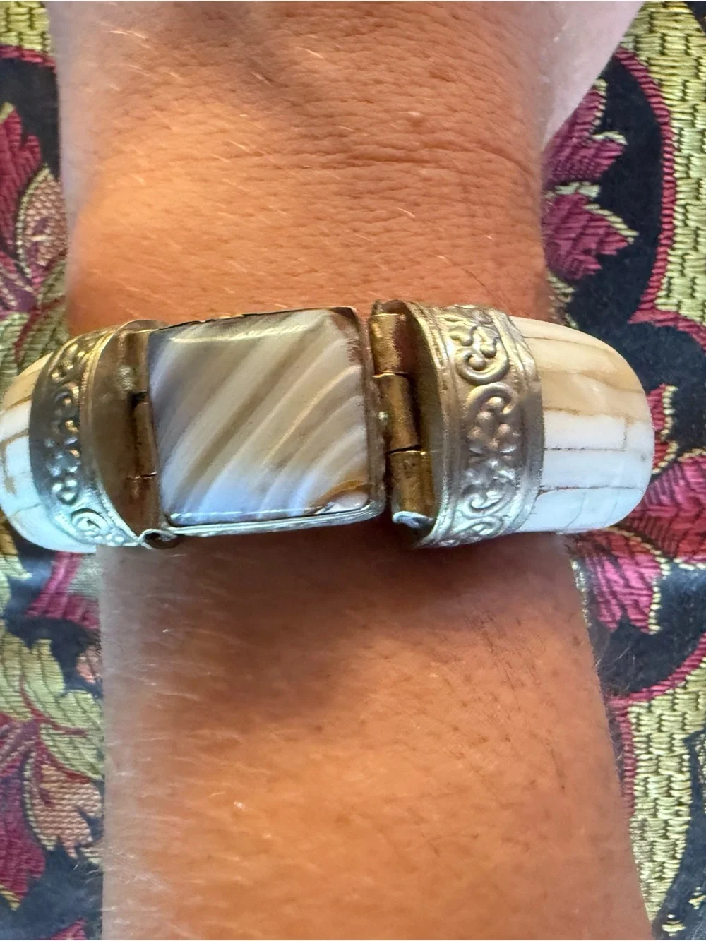 Antique Large Silver Tone Bone Agate Bracelet